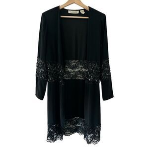 Vintage Niteline Black Sequin Lace Jacket Size 12 Y2K Formal Longline Wedding
